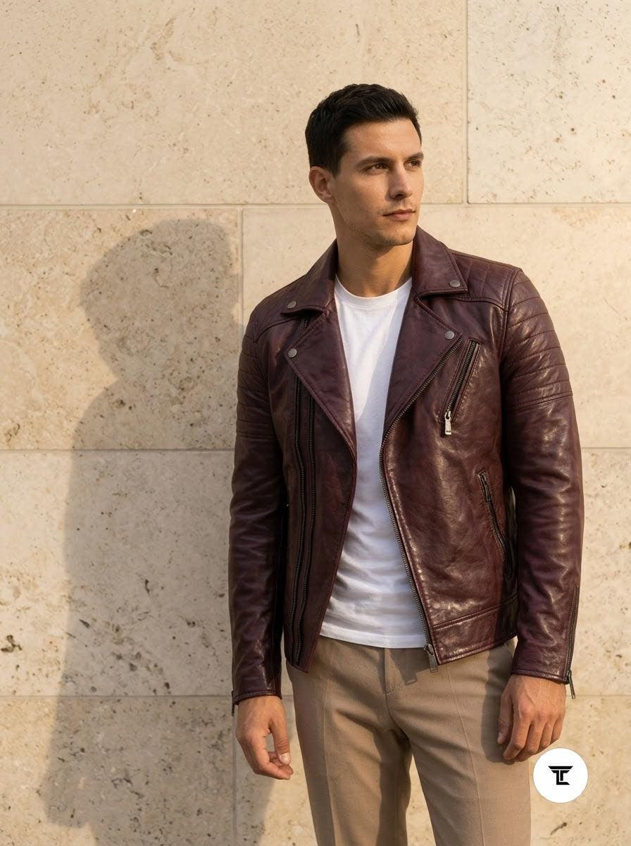 Taj Signature Cognac Biker Leather Jacket