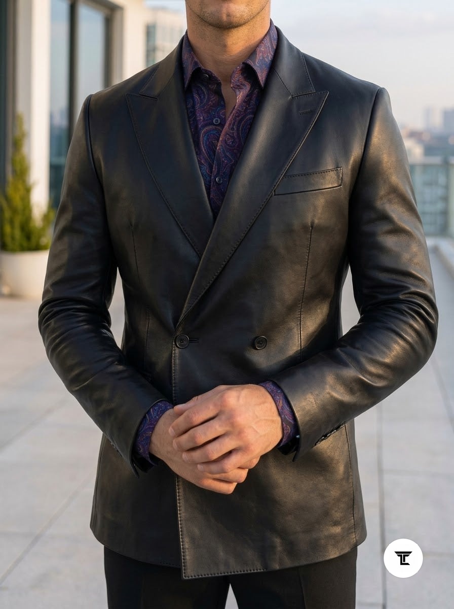 Taj Bespoke Penthouse Black Leather Tuxedo Blazer