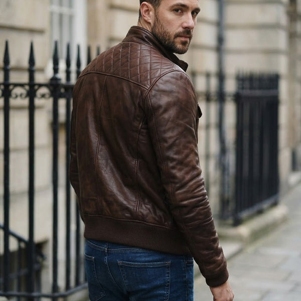 Taj Heritage Roadster Quilted Brown Leather Jacket Close-up 3