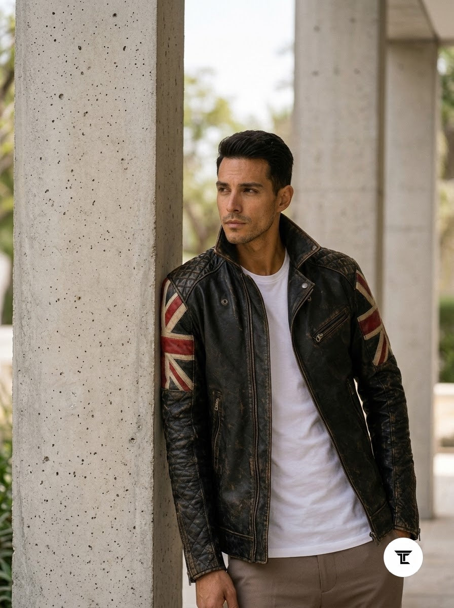 Taj Heritage Britannia Vintage Union Jack Leather Biker Jacket - View 1000166369