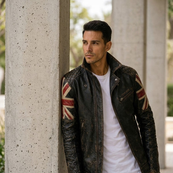 Taj Heritage Britannia Vintage Union Jack Leather Biker Jacket Close-up 2