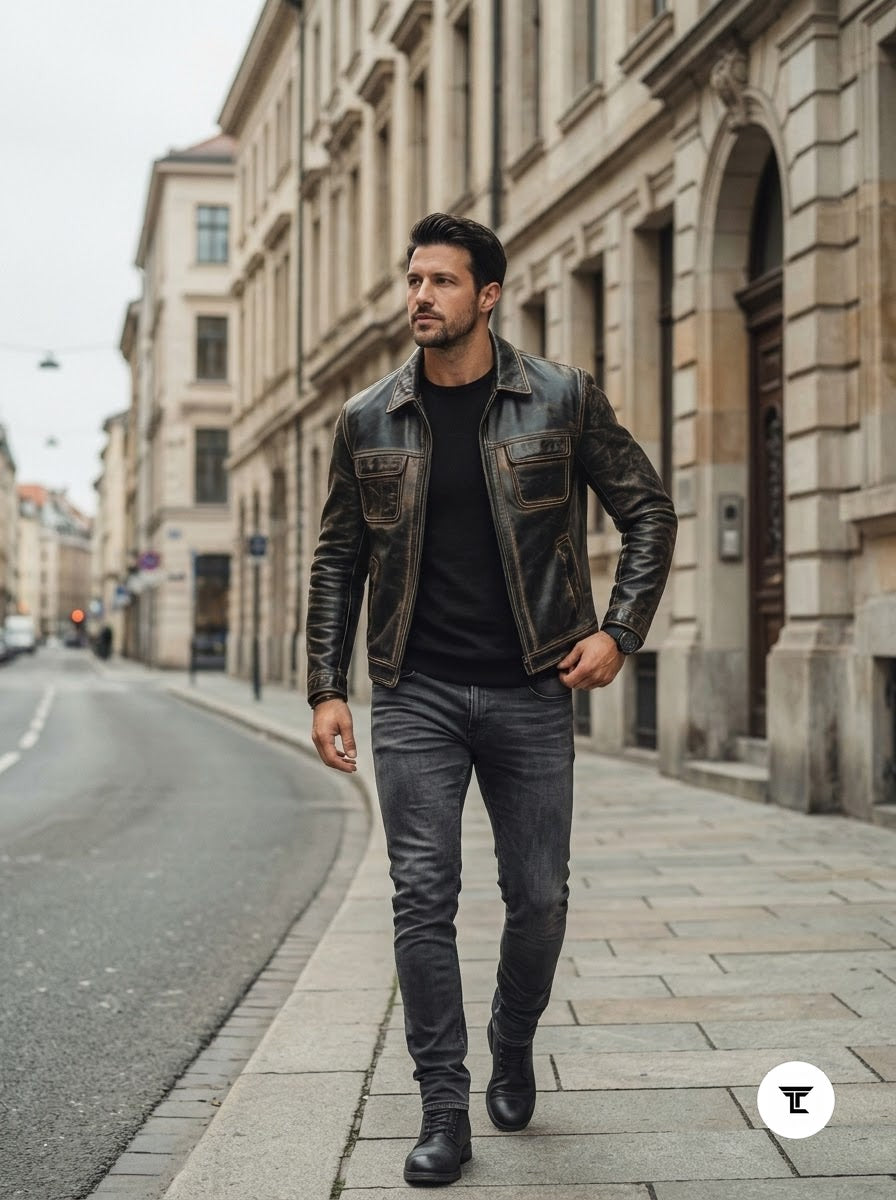 Taj Heritage Detroit Distressed Charcoal Leather Trucker Jacket - View 1000166379