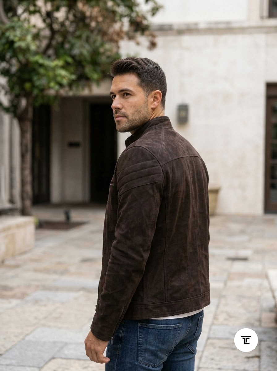 Taj Signature Chocolate Velour Suede Cafe Racer Jacket
