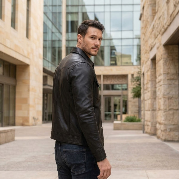 Taj Signature Spectre Minimalist Black Leather Jacket Close-up 1
