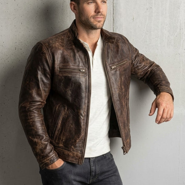 Taj Heritage Durango Distressed Leather Cafe Racer Close-up 2