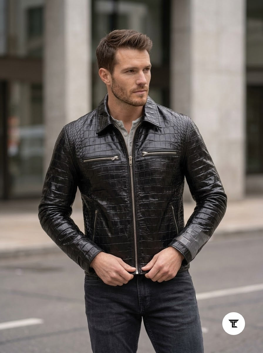 Taj Artisan Milan Black Crocodile Pattern Leather Overshirt - View 1000166377