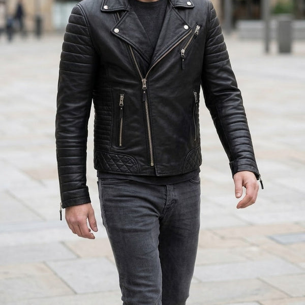 Taj Signature Milano Asymmetrical Black Double-Rider Biker Jacket Close-up 1