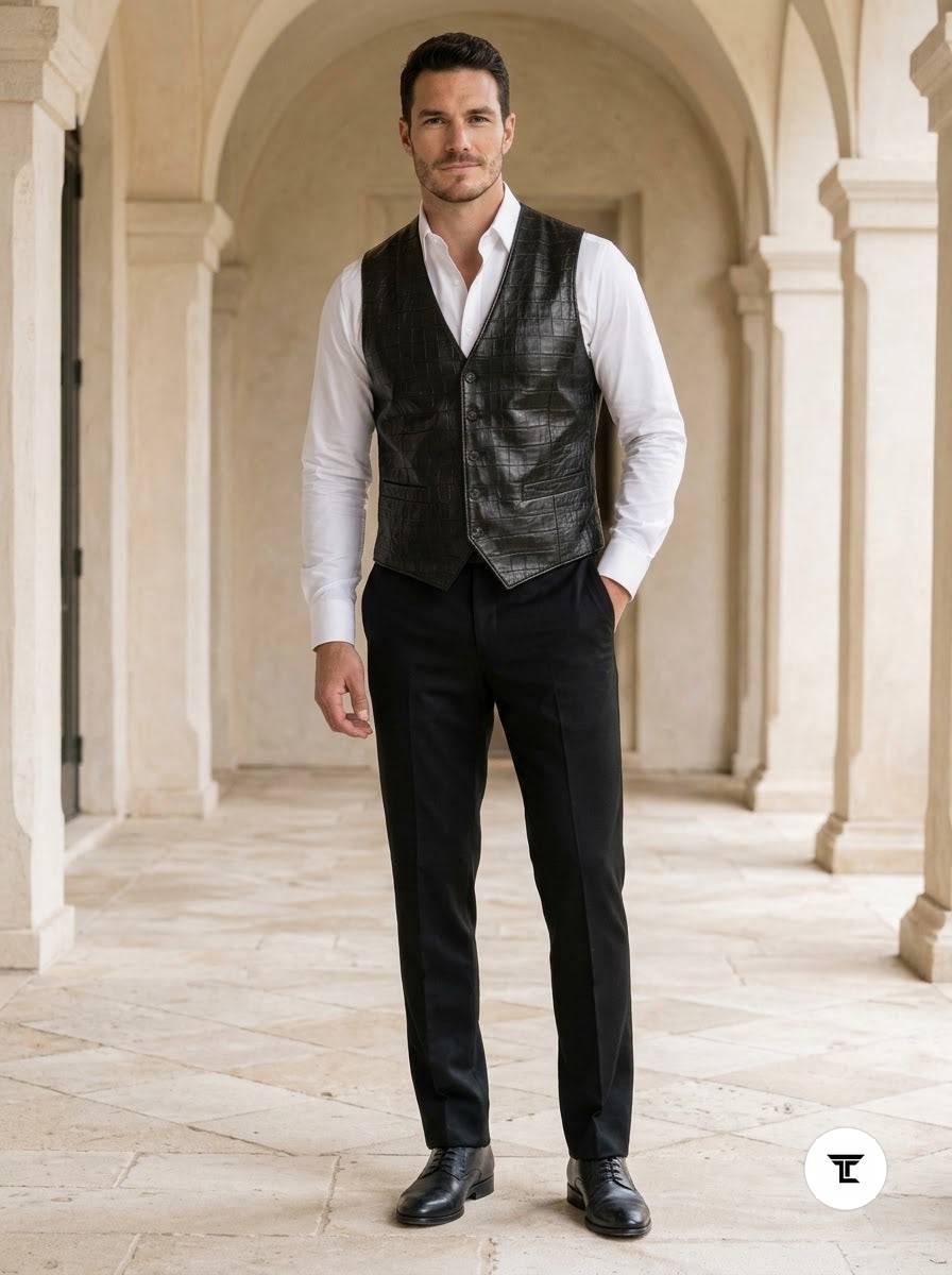 Taj Artisan Venice Crocodile Embossed Black Leather Waistcoat Vest - View 1000166353