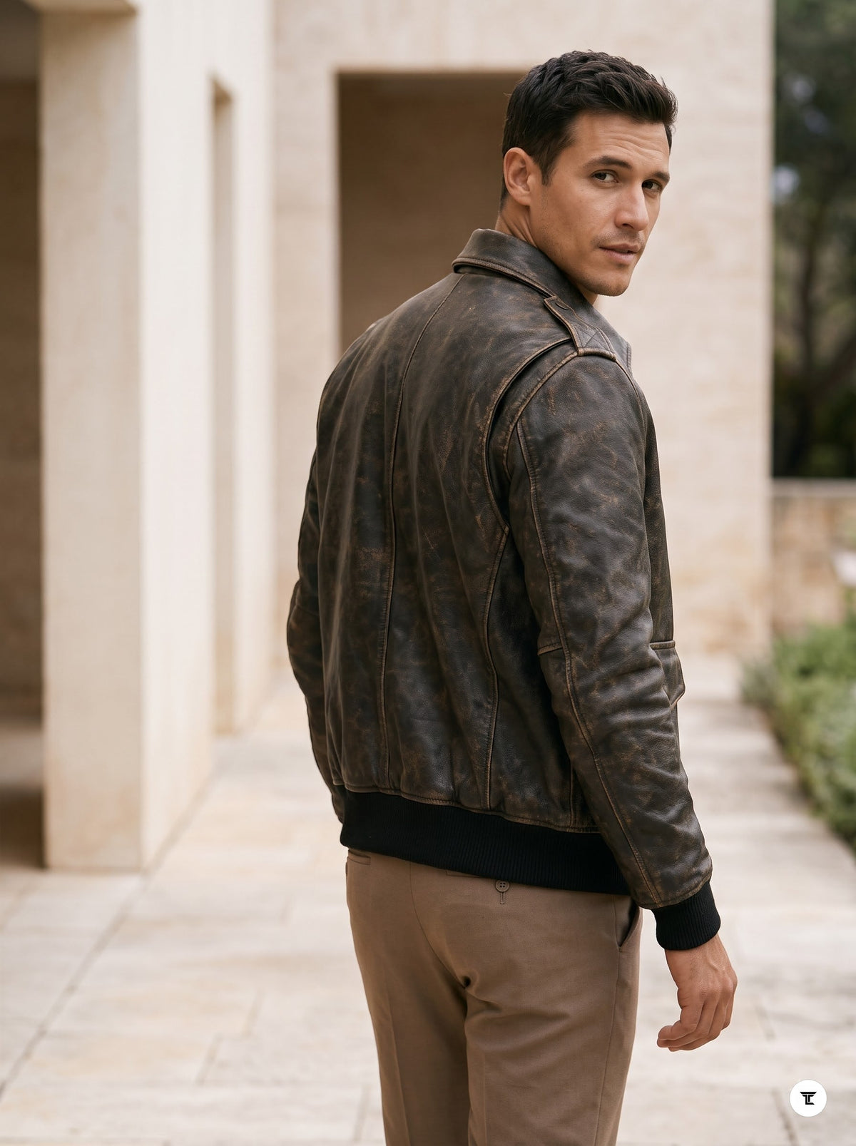 Taj Heritage Vintage Distressed Olive Leather Bomber Jacket