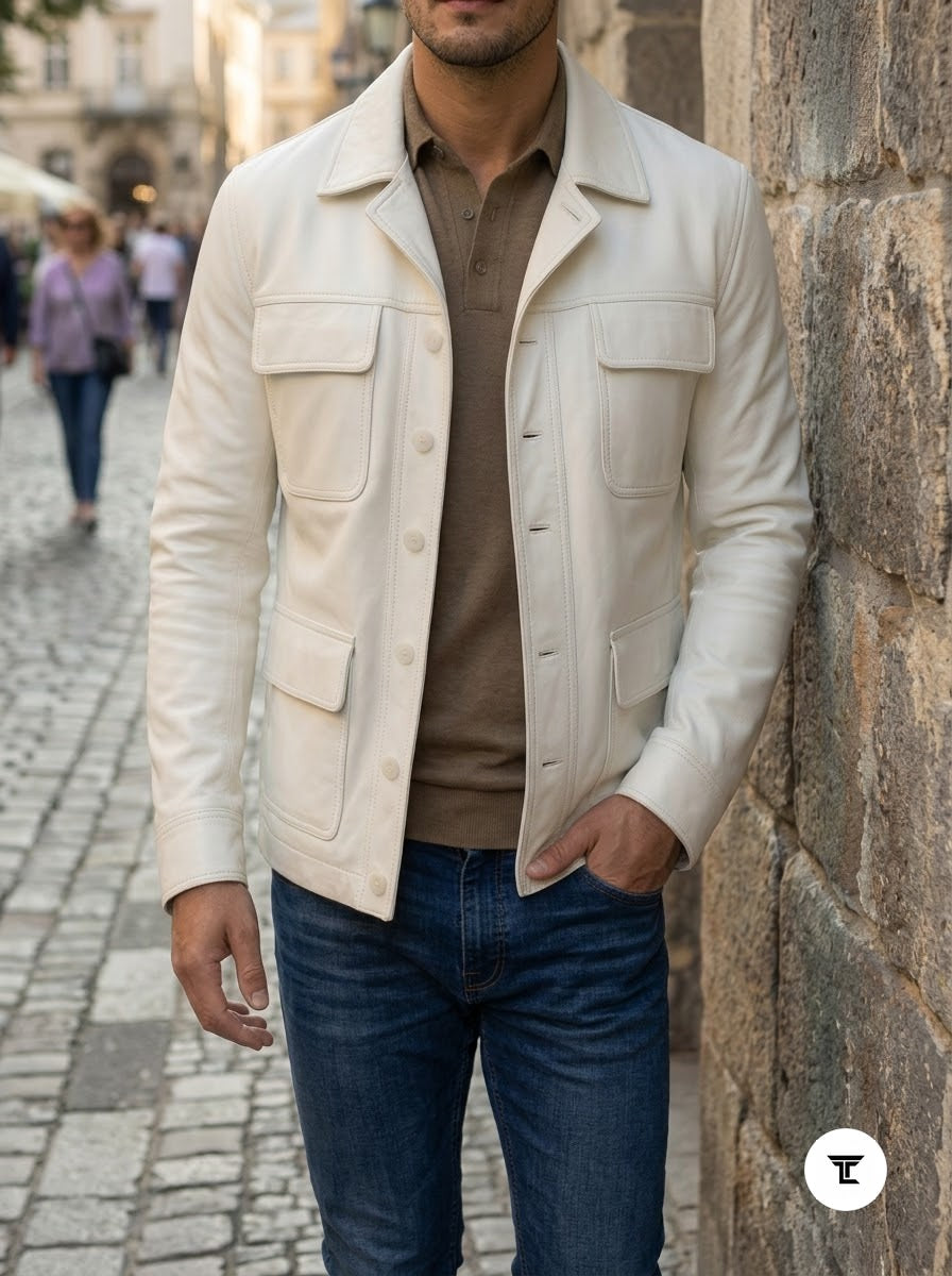 Taj Bespoke St. Moritz Ivory Safari Leather Overshirt