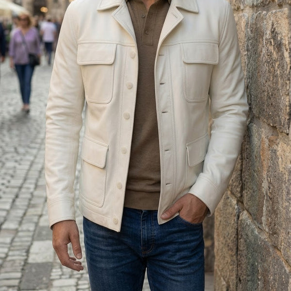Taj Bespoke St. Moritz Ivory Safari Leather Overshirt Close-up 1