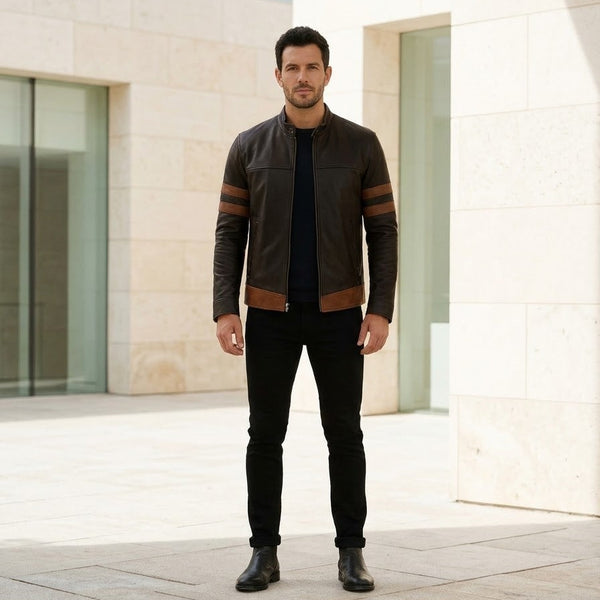 Taj Bespoke Daytona Dark Brown Leather Racer with Tan Sleeve Stripes