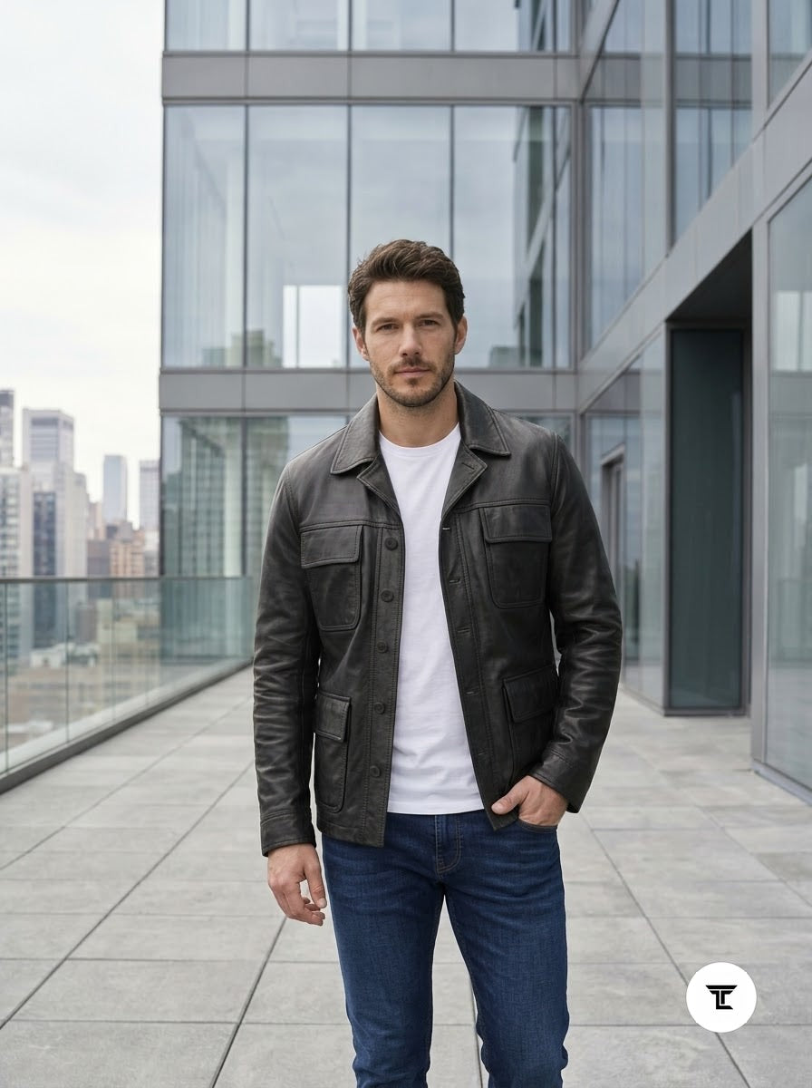 Taj Bespoke Washed Charcoal Nappa Leather Shirt Jacket