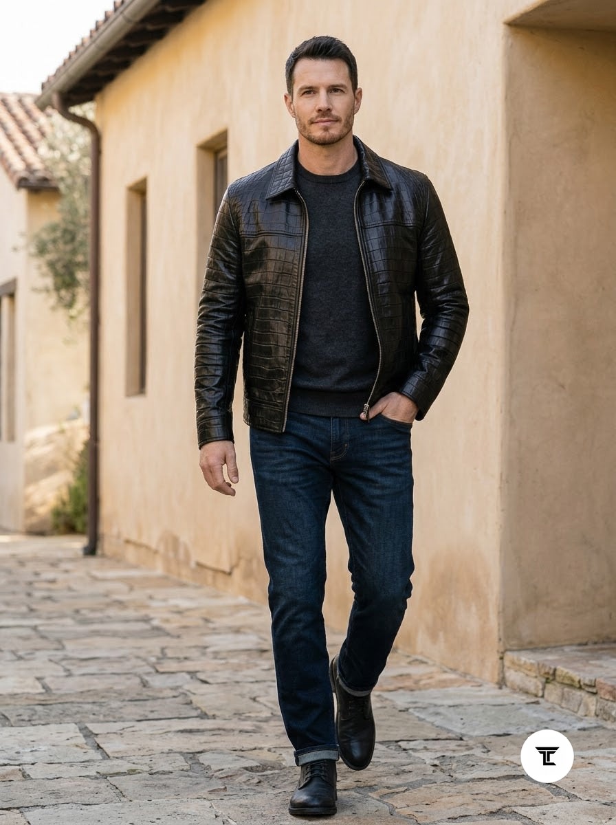 Taj Signature Croc-Embossed Exotic Leather Zip Jacket