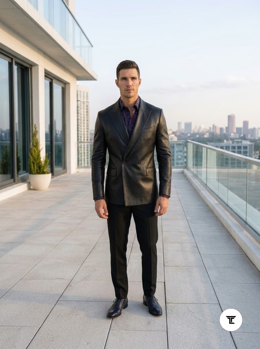 Taj Bespoke Penthouse Black Leather Tuxedo Blazer