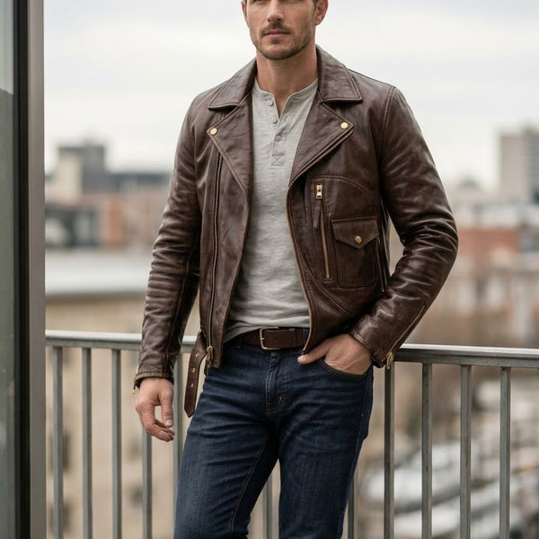 Taj Heritage Maverick Cognac Double-Rider Biker Jacket Close-up 2