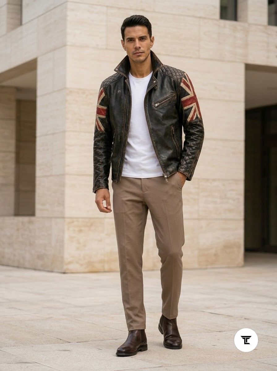 Taj Heritage Britannia Vintage Union Jack Leather Biker Jacket - View 1000166367