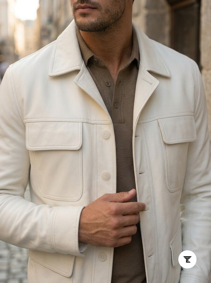 Taj Bespoke St. Moritz Ivory Safari Leather Overshirt
