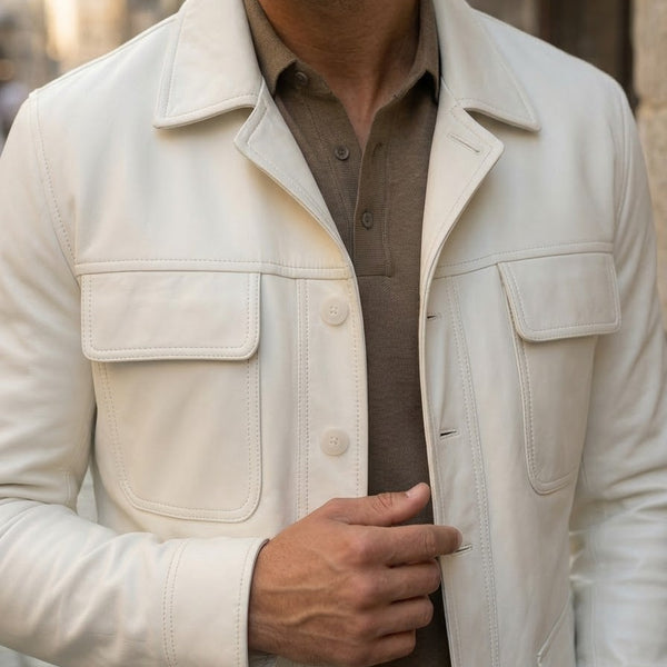 Taj Bespoke St. Moritz Ivory Safari Leather Overshirt Close-up 3