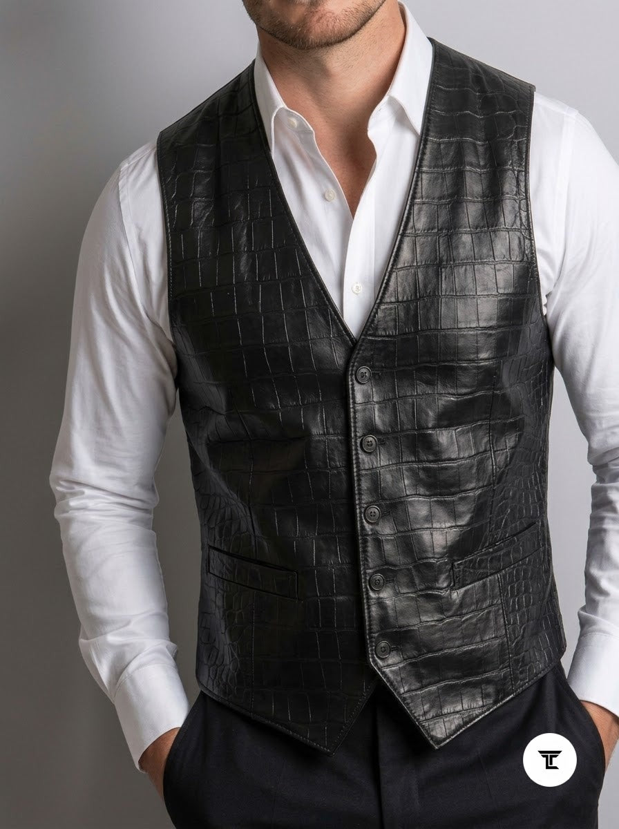 Taj Artisan Venice Crocodile Embossed Black Leather Waistcoat Vest - View 1000166355