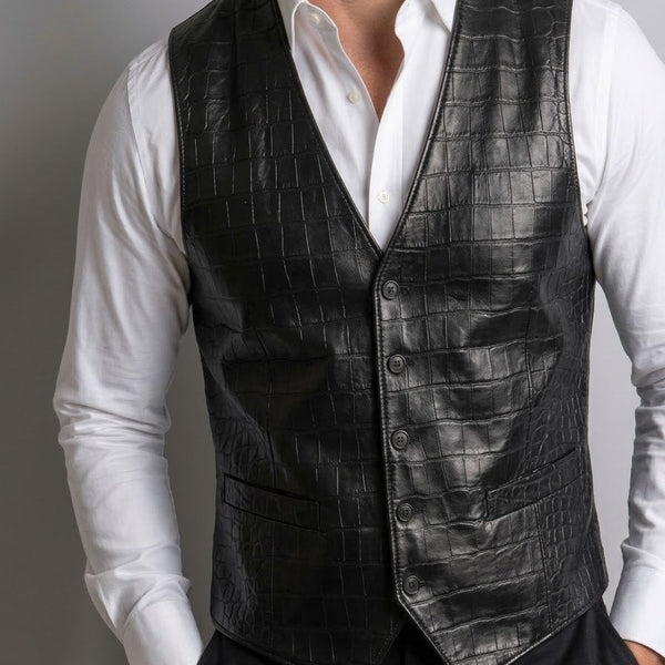Taj Artisan Venice Crocodile Embossed Black Leather Waistcoat Vest Close-up 2