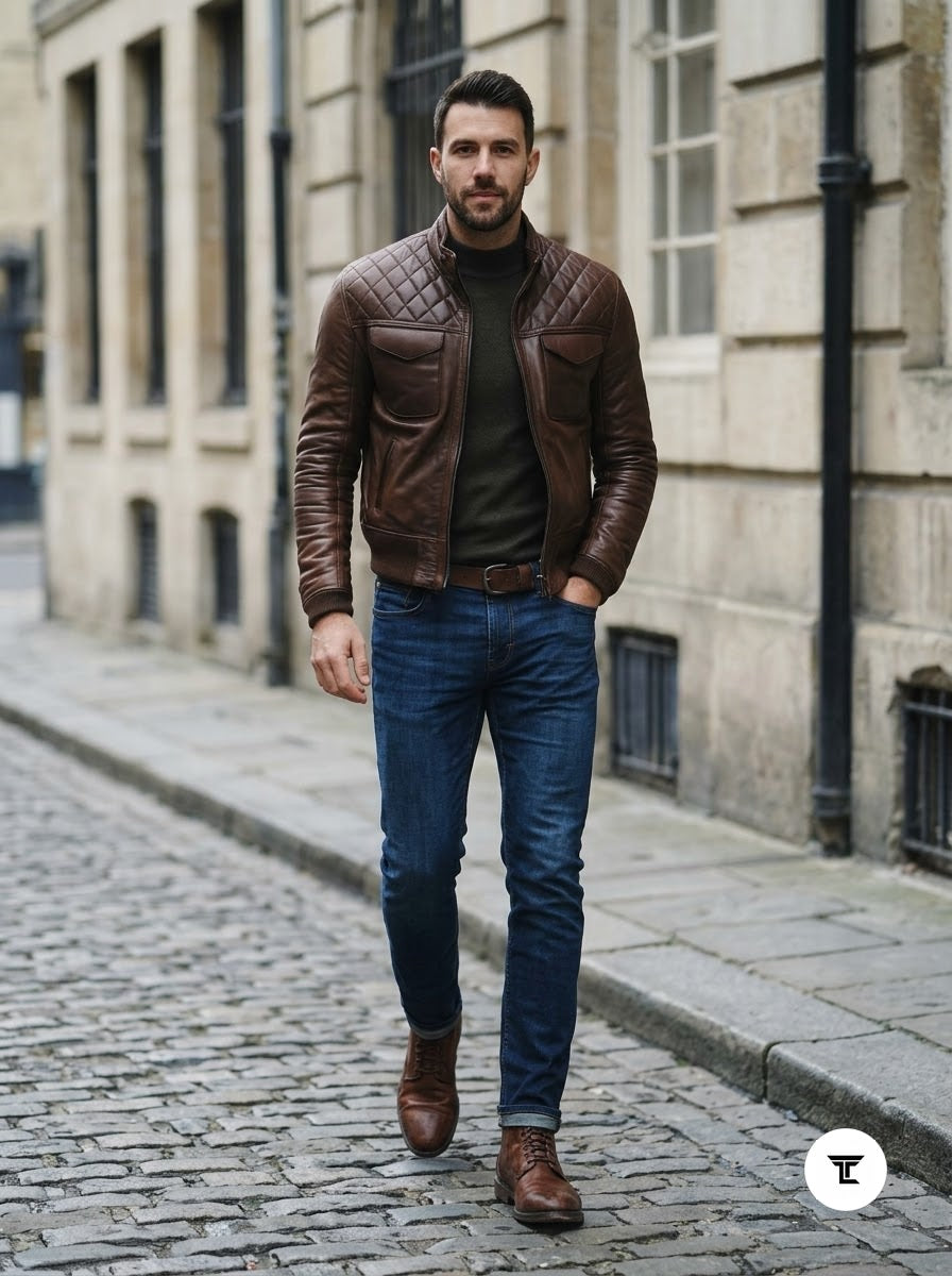 Taj Heritage Roadster Quilted Brown Leather Jacket