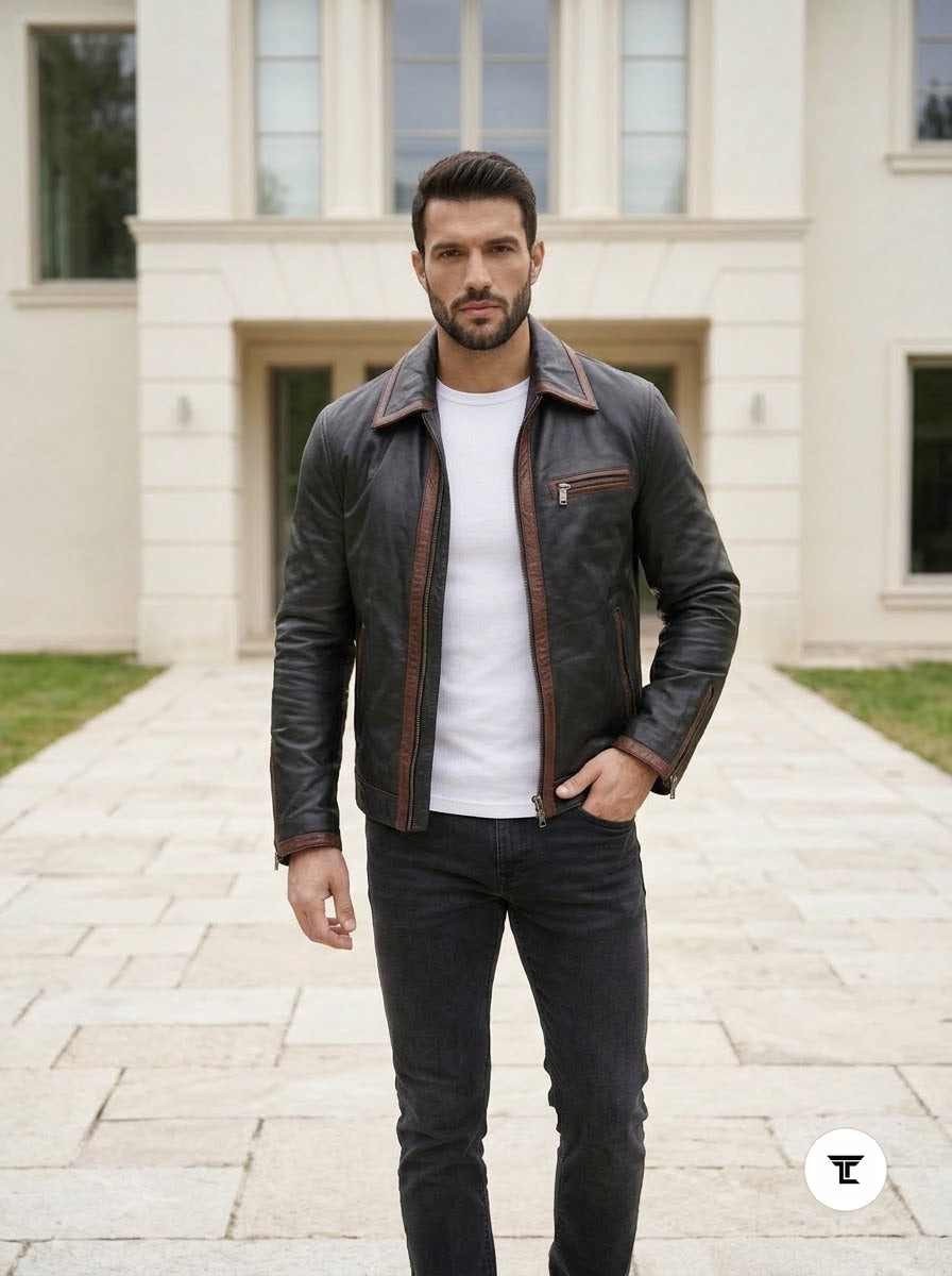 Taj Heritage Rustica Washed Cafe Racer Leather Jacket