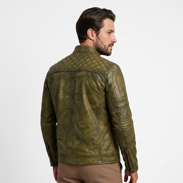 Quilted Leather Biker Jacket GREEN