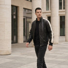 Taj Signature Silverstone Striped Sleeve Leather Biker Jacket - View 1000166342