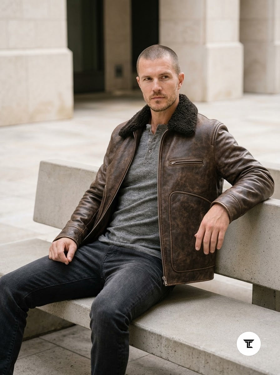 Taj Imperial Nordic Brown Shearling Collar Flight Jacket - View 1000166312