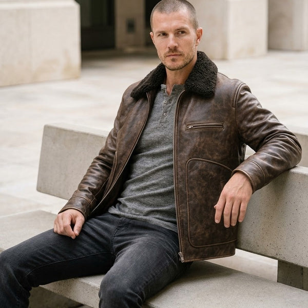 Taj Imperial Nordic Brown Shearling Collar Flight Jacket Close-up 2