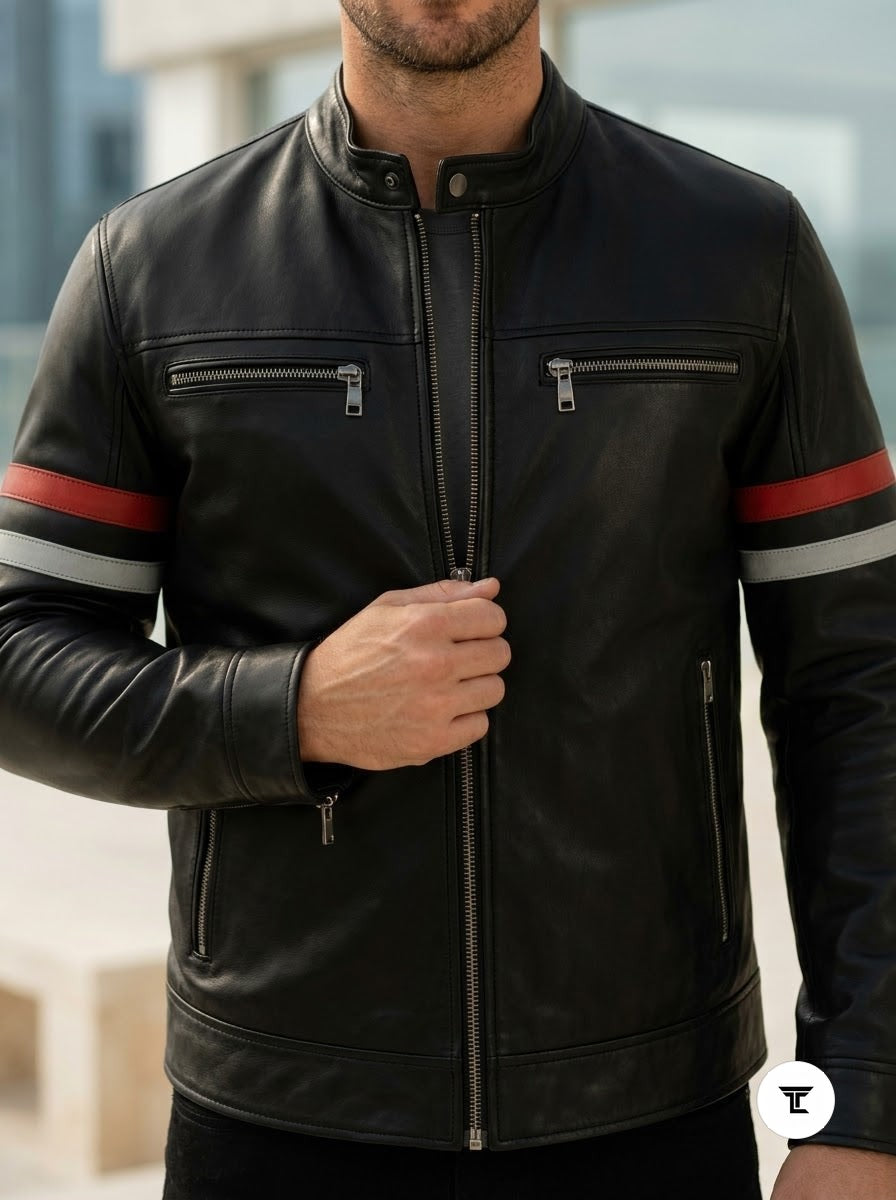 Taj Signature Monaco Striped Racing Leather Jacket