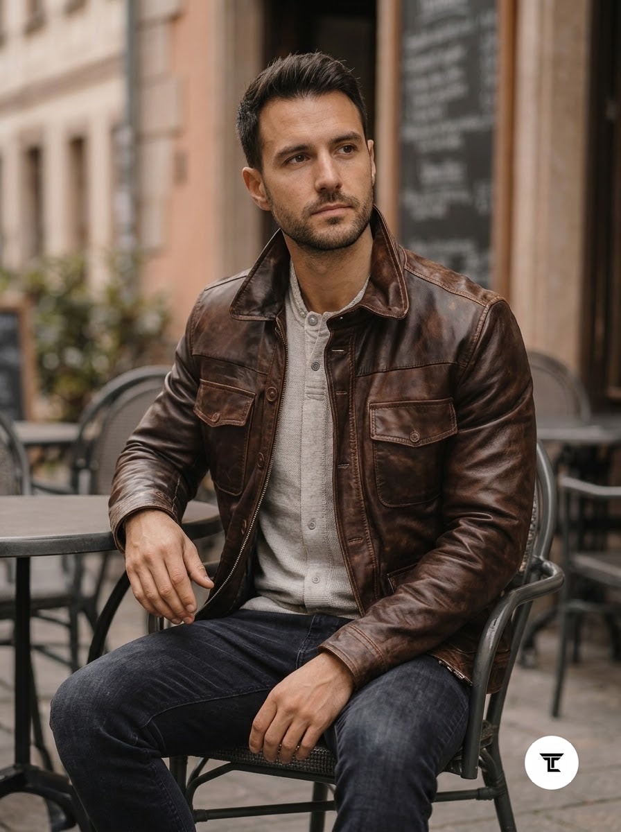 Taj Heritage Distressed Antique Brown Moto Leather Jacket