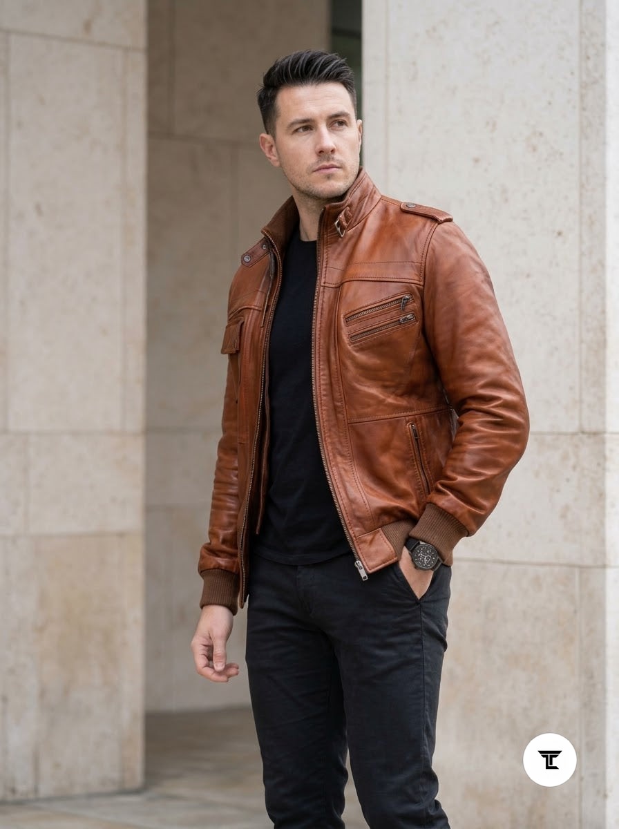 Taj Signature Amber Cognac Ribbed Moto Leather Jacket