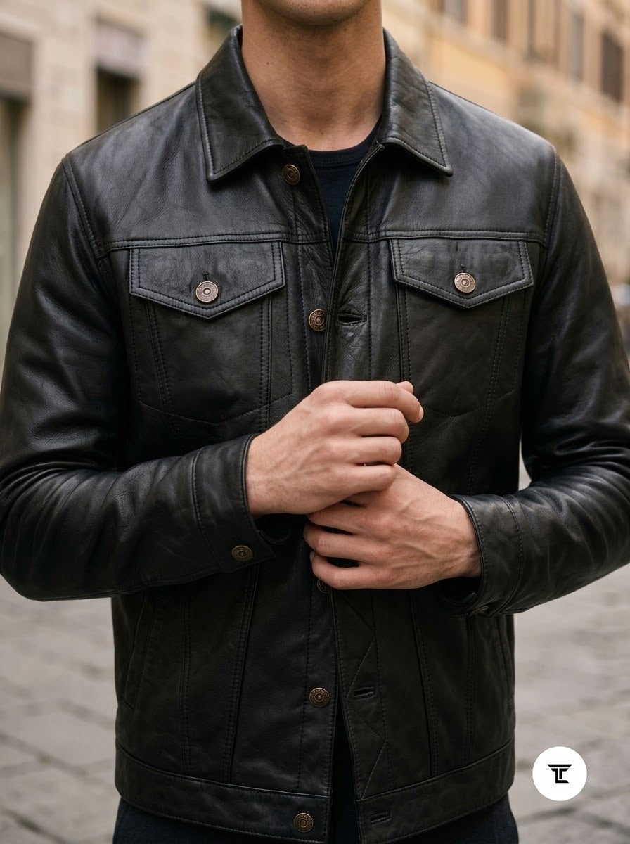 Taj Heritage Austin Classic Black Full-Grain Leather Trucker Jacket - View 1000166693
