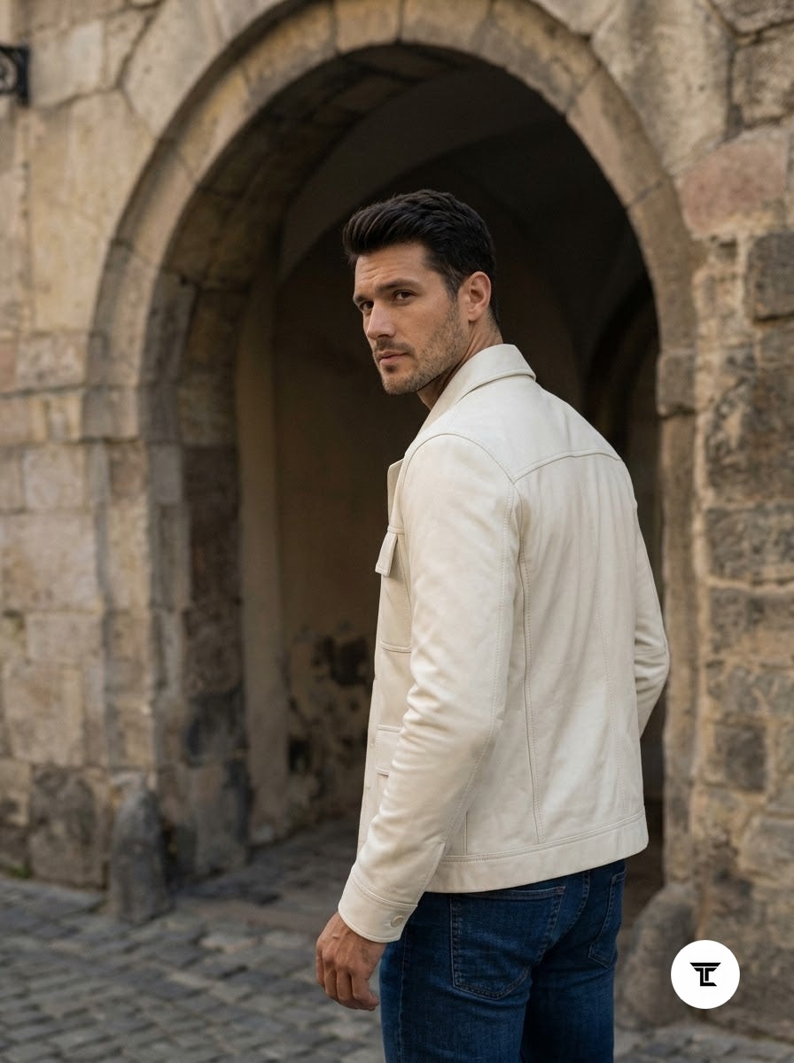 Taj Bespoke St. Moritz Ivory Safari Leather Overshirt