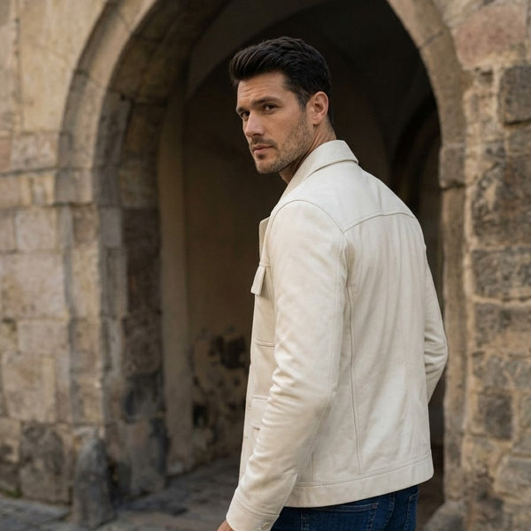 Taj Bespoke St. Moritz Ivory Safari Leather Overshirt Close-up 2