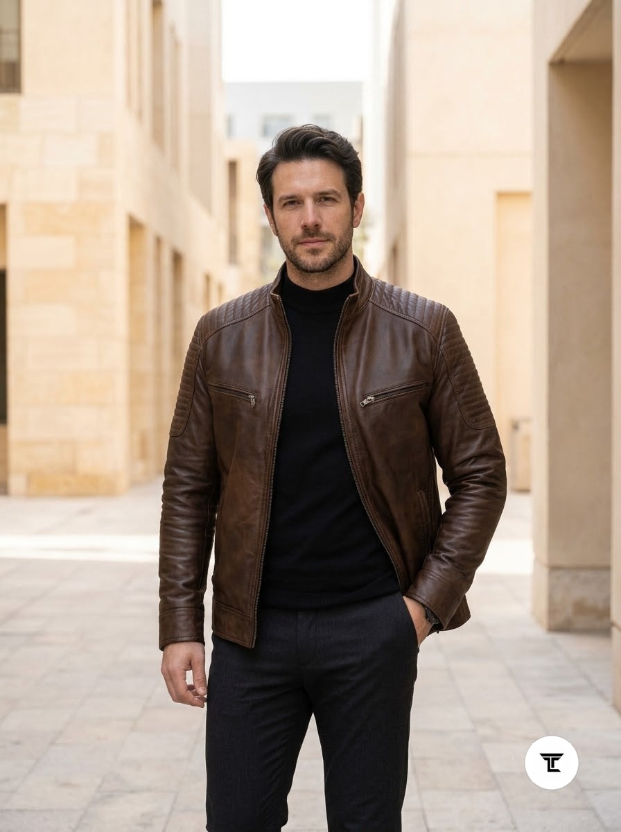 Taj Signature Chestnut Diamond-Stitch Cafe Racer Jacket