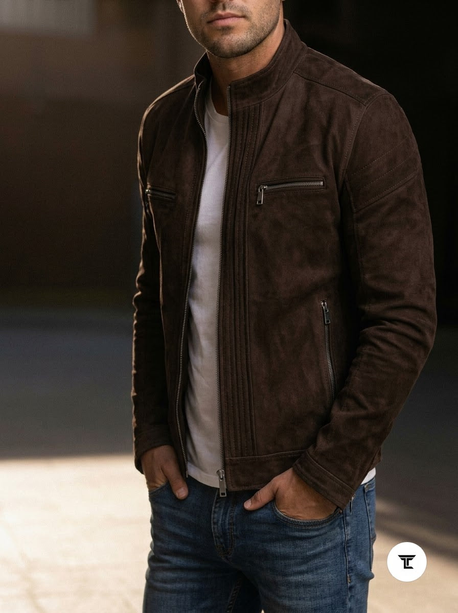 Taj Signature Chocolate Velour Suede Cafe Racer Jacket