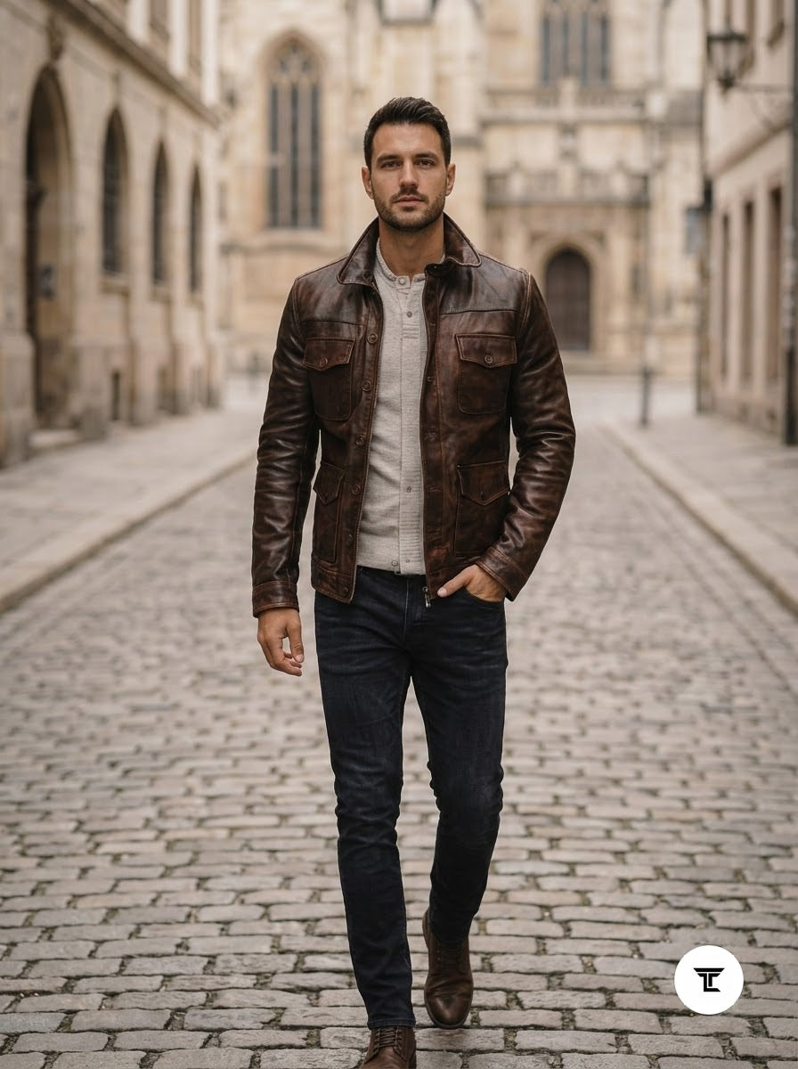 Taj Heritage Distressed Antique Brown Moto Leather Jacket