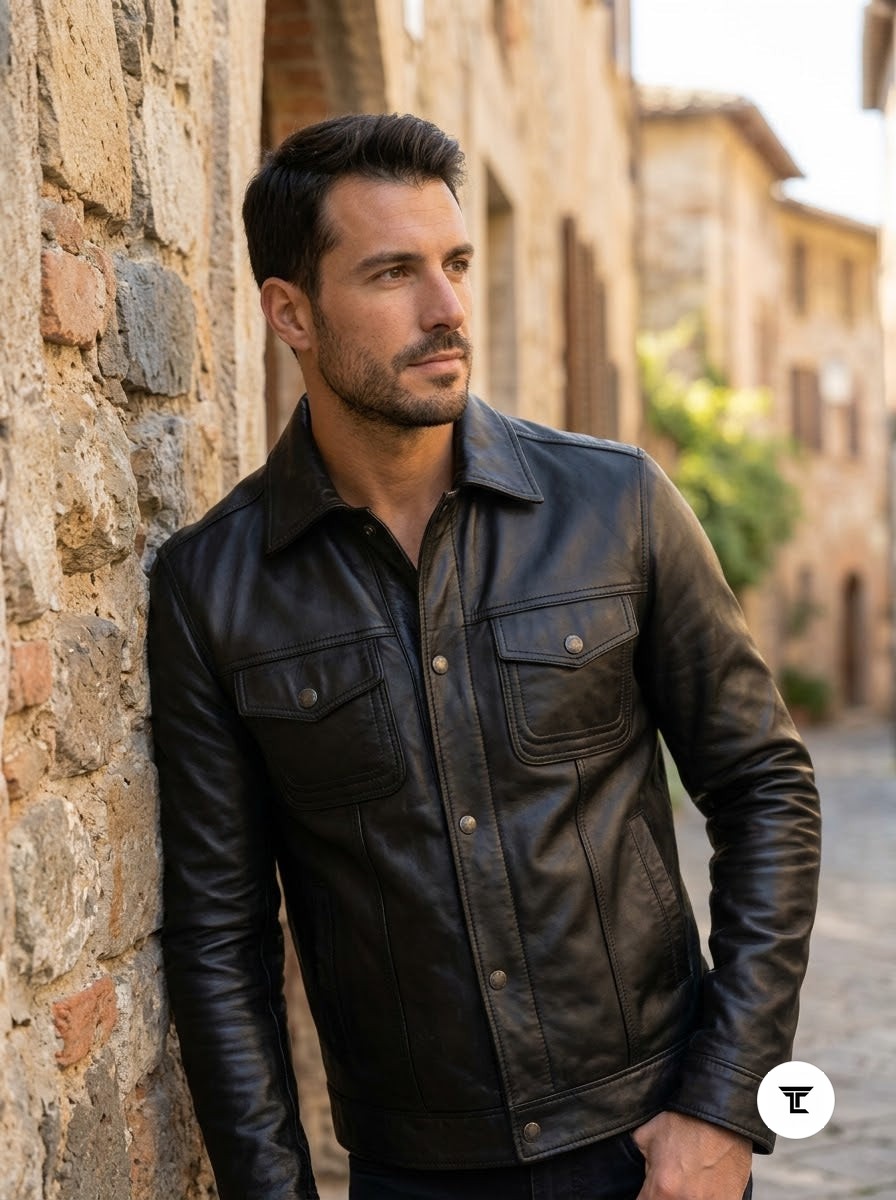 Taj Bespoke Tribeca Black Leather Button Overshirt