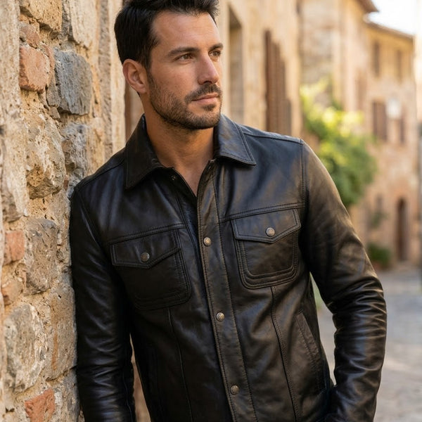 Taj Bespoke Tribeca Black Leather Button Overshirt Close-up 1