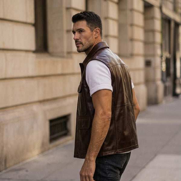 Taj Heritage Ranger Brown Leather Utility Gilet Vest Close-up 2