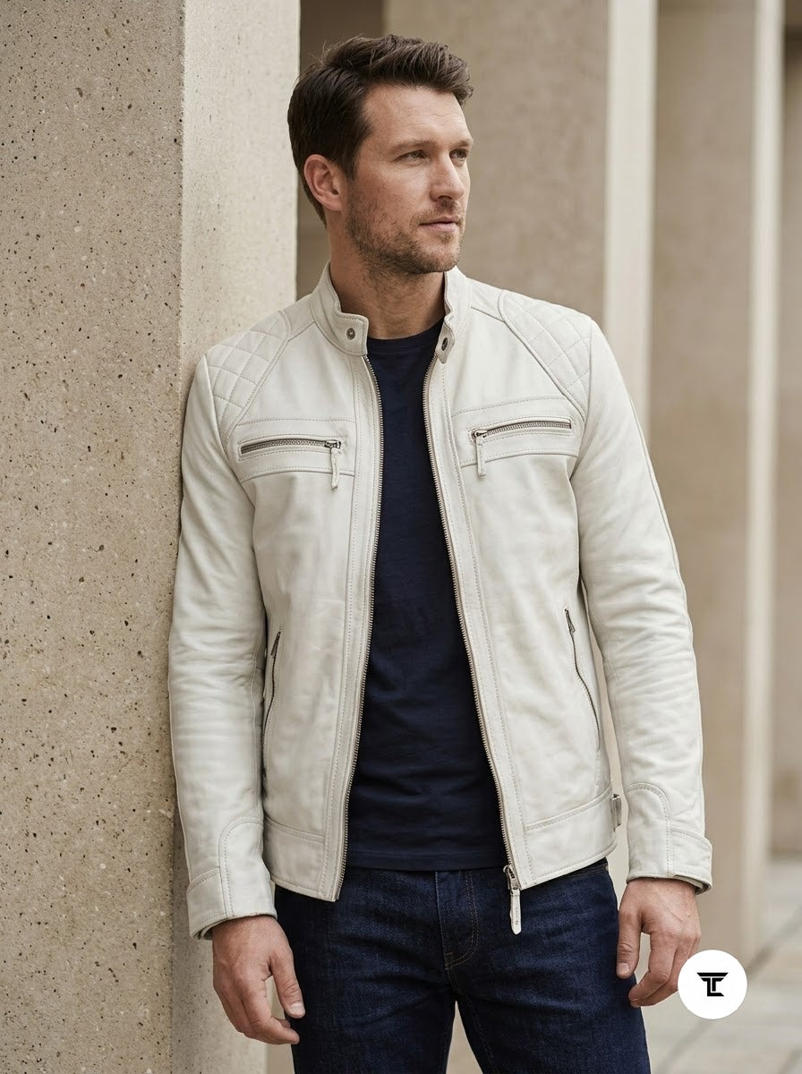 Taj Signature Alabaster White Cafe Racer Leather Jacket