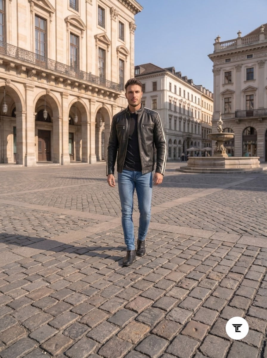 Taj Signature Monza Twin-Stripe Cafe Racer Leather Jacket