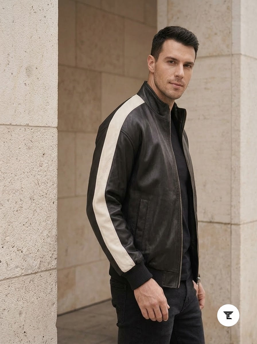 Taj Signature Silverstone Striped Sleeve Leather Biker Jacket - View 1000166340