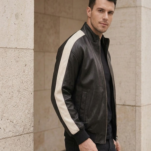 Taj Signature Silverstone Striped Sleeve Leather Biker Jacket Close-up 1