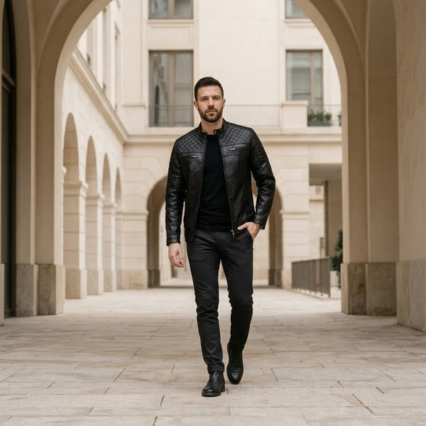 Taj Bespoke Monza Diamond Quilted Black Leather Moto Jacket