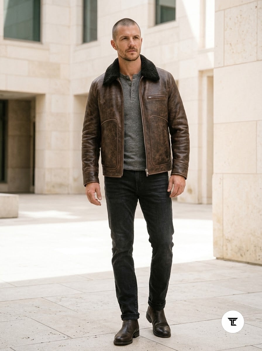 Taj Imperial Nordic Brown Shearling Collar Flight Jacket - View 1000166310