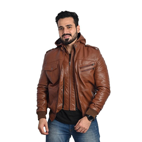 Men's Hooded Leather Jacket - Multi-Pocket Design with Left and Right Pockets